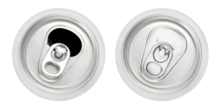Top view of opened and closed white aluminium cans, cut out