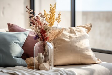 In a minimalist interior design, there is a glass vase filled with dried flowers positioned alongside a pile of pillows featuring various colors and made from natural materials.