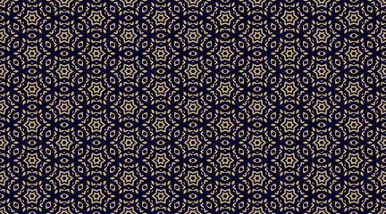 Vector ornamental seamless pattern. Golden abstract floral geometric texture with stars, diamonds, grid, lattice. Stylish gold and black ornament background, repeat tiles. Oriental style geo design