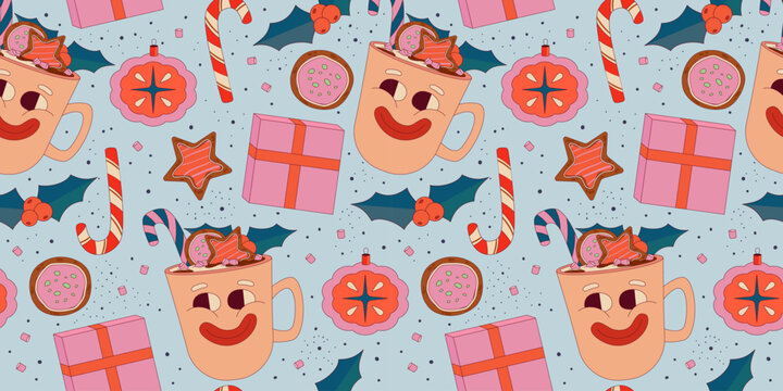 Retro Christmas seamless pattern. Groovy christmas character with face. Funny xmas character for comic design. Weird mascot. Retro cartoon pattern vector illustration