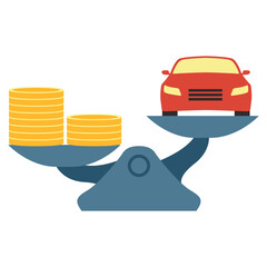 Investment in car.Scales with car and gold coins.Financial scales with car.Automobile and money on scales.Car valuation.The cost of the vehicle and the stack of coins.Sedan price.