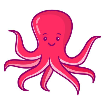 Cute smiling octopus.Sea creatures .Sea life.Cute octopus cartoon.Aquatic fauna. Animal icon for zoo ad.Children book illustrating.Sea mollusk.
