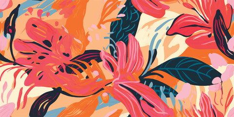 Modern exotic jungle plants illustration pattern. Creative collage contemporary floral seamless pattern. Fashionable template for design