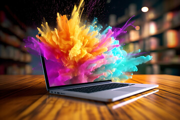 Laptop with Colorful Watercolor Paint Explosion, Digital Creativity Digital Concept Render