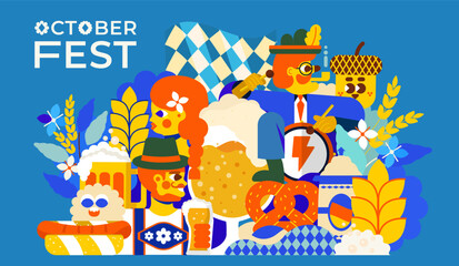 Obraz na płótnie Canvas Oktoberfest illustration. The image conveys the unique spirit of the holiday: people in traditional costumes raising beer mugs, german food and a lot of beer. Will perfectly complement your project.