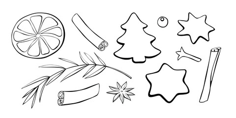 Set of vector Christmas winter outline elements in doodle style. For templates menu, recipes, greeting cards