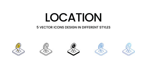Location Icon Design in Five style with Editable Stroke. Line, Solid, Flat Line, Duo Tone Color, and Color Gradient Line. Suitable for Web Page, Mobile App, UI, UX and GUI design.