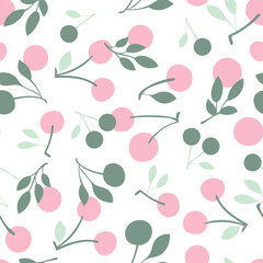 Cherry seamless pattern in pastel colors. Hand drawn illustration of summer fruit. Fresh design great for wallpaper, gift wrap, fabric.