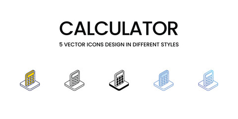 Calculator Icon Design in Five style with Editable Stroke. Line, Solid, Flat Line, Duo Tone Color, and Color Gradient Line. Suitable for Web Page, Mobile App, UI, UX and GUI design.