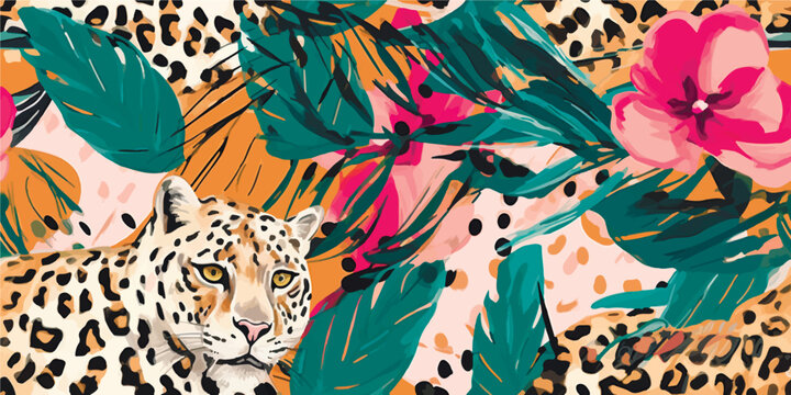 Modern exotic pattern with leopard. Creative collage contemporary floral seamless pattern. Fashionable template for design