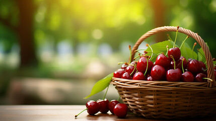 basket of fresh ripe cherries on a wooden table in a garden