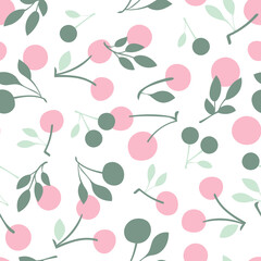 Cherry seamless pattern in pastel colors. Hand drawn illustration of summer fruit. Fresh design great for wallpaper, gift wrap, fabric.