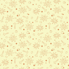 Vector seamless pattern of star anise, carnation, pepper in doodle style. Background or texture of seasonings, food additive, spices
