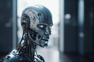 3d rendering robot or cyborg with metallic body on dark background generative ai