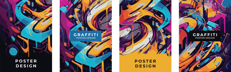 Fototapeta Set of posters in graffiti style. Template for poster, banner, flyer, wall art, street art. Vector drawing, design elements. obraz