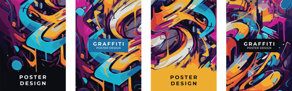 Fototapeta Set of posters in graffiti style. Template for poster, banner, flyer, wall art, street art. Vector drawing, design elements.