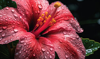 Hibiscus with drops water wallpaper. Tropical flower background. Created with generative AI tools