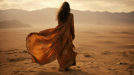Dune Elegance: Beautiful Woman Embracing the Desert at Sunset's Golden Horizon