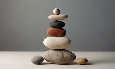 Stones of balance. Pebbles pyramid on gray background. Created with generative AI tools