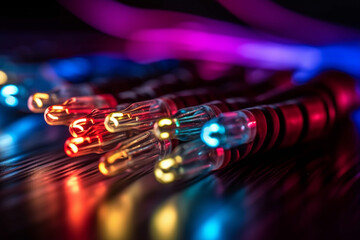 Fiber optic cables close-up with colored lights. Selective focus. generative ai