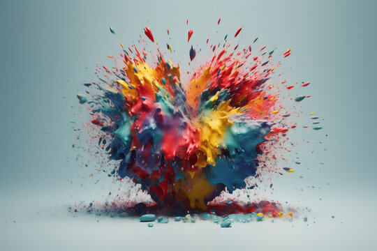 Colorful explosion of paint on a gray background. 3d rendering generative ai
