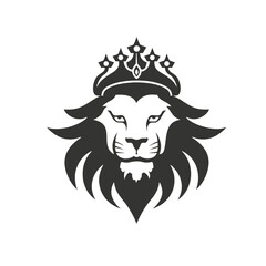 Majestic lion head logo with a crown. Vector illustration isolated on white background. Symbol of strength and authority