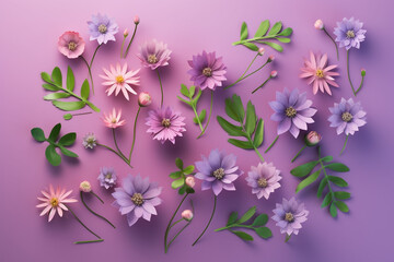 Beautiful flowers on color background, top view. Floral pattern generative ai