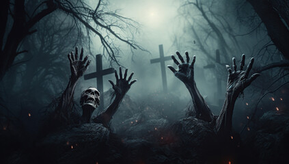 zombie hands rising in dark halloween night Generative AI