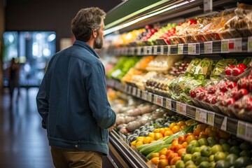 man grocery shopping in a supermarket, generative ai