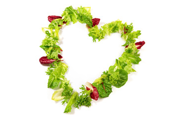Green Salad Heart Shape isolated on white Background