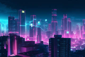 Futuristic city at night with neon lights. 3D rendering blue and purple