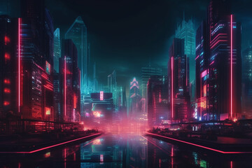 Fototapeta na wymiar Futuristic city at night with neon lights. 3D rendering blue and purple