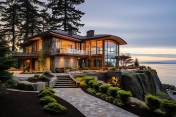 Fototapeta na wymiar Spacious coastal residence in the Pacific Northwest featuring panoramic ocean views, large decks, a hot tub, a welcoming front porch, and a lengthy paved driveway.
