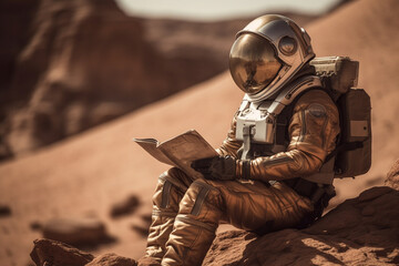 Fototapeta na wymiar Astronaut reading a book in the desert. 3d rendering generative ai