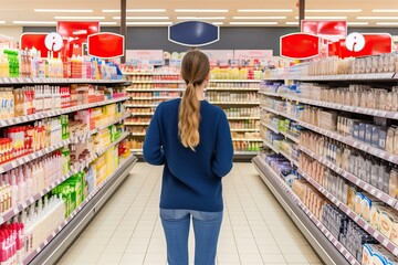 Young woman grocery shopping in a supermarket, generative ai