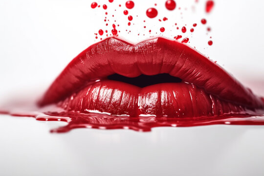Sexy female lips with blood splashes on white background, closeup