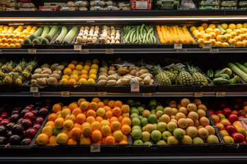 Fruits and vegetables in the supermarket. Concept of healthy eating. generative ai