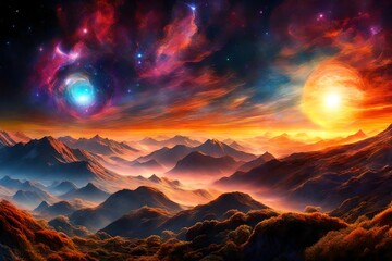 A mind altering hallucinogenic sunrise seen in a multidimensional dreamlike realm,## and visually stimulating ## transcendent rising quasars and nebulas in the sky. generated by AI tools