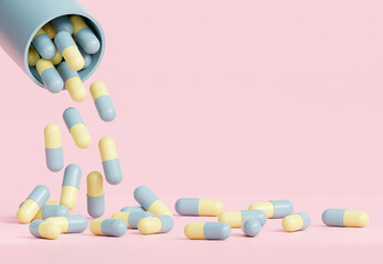 Pastel color Medicine Pills. Yellow and Blue Pills flying down out of container. 3D Rendering. Pharmacy concept. Drugs awareness.
