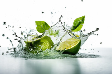 lime splash with water drops isolated on white background. fresh fruit. generative ai