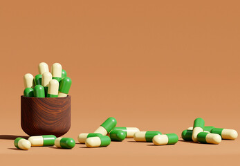Green Medicine Tablet Pills. 3D Rendering. Pharmacy and Healthcare concept. Drugs awareness. Natural Theme.