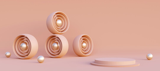 Cylinder podium with decorative objects.  Stand to show products. Modern pedestal display with copy space. Banner size. Website cover template. 3D rendering.