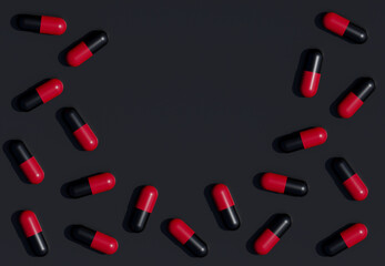 Black and Red tablet pills on Black background. 3D Rendering. Medical Harmful Concept. Dangerous drugs. Empty space for text.