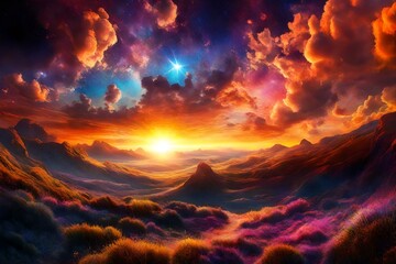 A mind altering hallucinogenic sunrise seen in a multidimensional dreamlike realm,## and visually stimulating ## transcendent rising quasars and nebulas in the sky. generated by AI tools