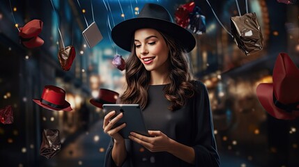 Smiling woman uses phone for Black Friday shopping.