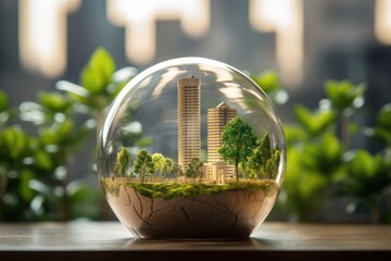 Bulb filled with green trees, plants and buildings. Concept of green city, renewable and clean energy, sustainable resources, Earth Day.
