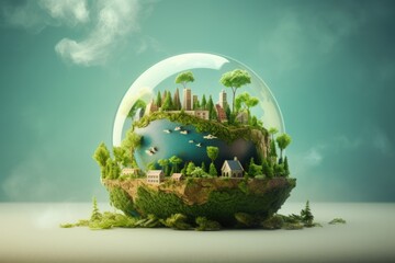 Bulb filled with green trees, plants and buildings. Concept of green city, renewable and clean energy, sustainable resources, Earth Day.
