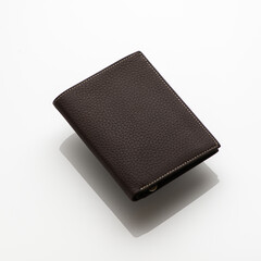 Close-up shot of a fashionable leather men's wallet on a white background with reflection