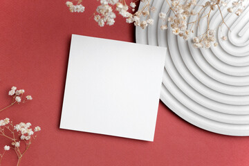 Fototapeta na wymiar Blank square paper card mockup, trendy greeting or invitation card, copy space