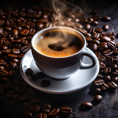 Cup of fresh aromatic espresso coffee with roasted beans closeup